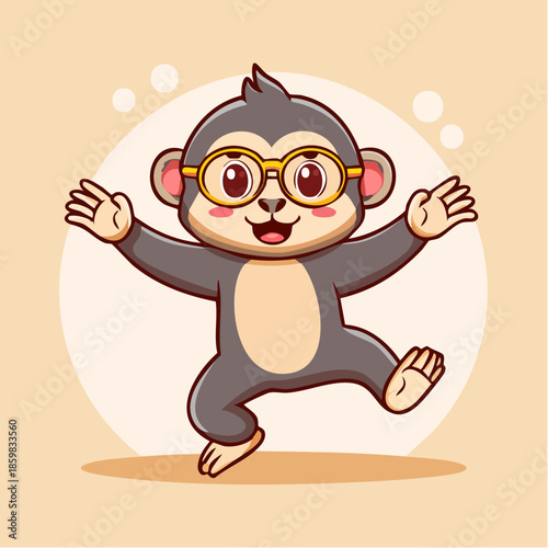 Cute cartoon monkey wearing glasses, jumping with joy and happiness, illustration, cute animal character