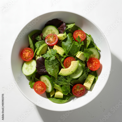 Top view of a fresh vegetable salad served in a white bowl