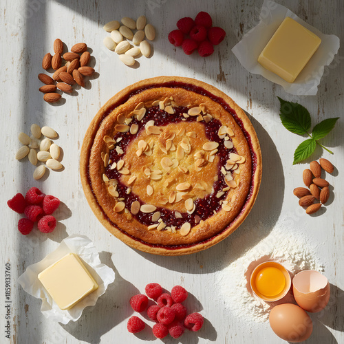 Bakewell tart surrounded by its core ingredients, almonds, raspberries, butter, flour, and eggs, clean tabletop composition