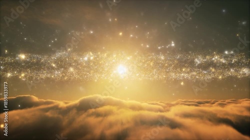 Majestic Golden Radiance Illuminates Ethereal Sky Above Soft Clouds, A Sparkling Celestial Horizon Creating a Dreamlike Vision of Heavenly Wonder and Cosmic Serenity