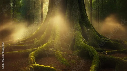Ancient tree roots bathed in mystical light, creating a serene and enchanting forest scene