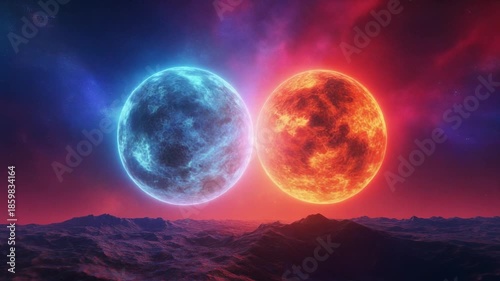 Cosmic Dance of Celestial Bodies A Nebula of Blue and Red Worlds Collide in Outer Space