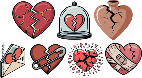 Broken heart clipart with cracks bandaged and glass dome icons set