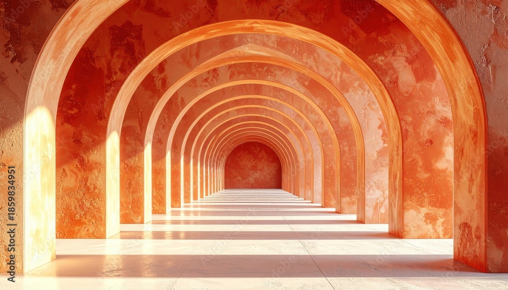 Fototapeta premium Orange Arched Corridor with Sunlight and Shadows Abstract Architectural Background