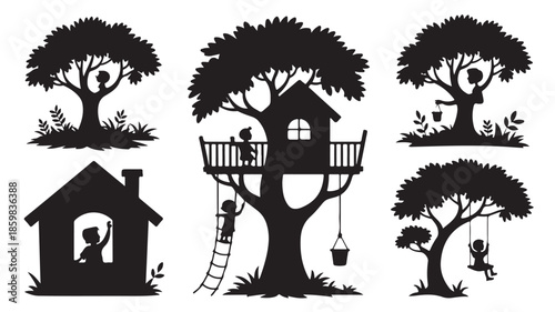 Children playing in treehouse and trees in playful silhouette style with black graphic illustration for kids design elements.