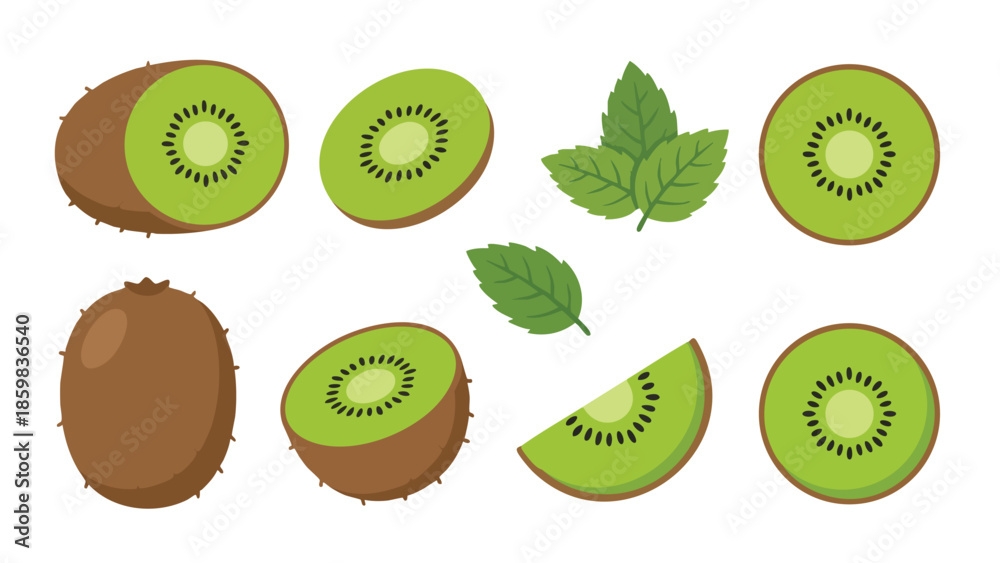 Fototapeta premium Kiwi Fruit Illustration Set with Whole Fruit, Halves, Slices and Leaves