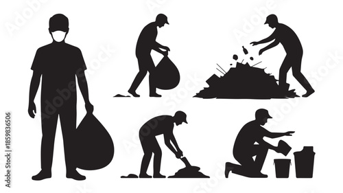 Waste management workers silhouette vector illustration in monochrome black and white graphic design for environmental and public service campaigns.
