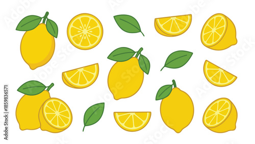 Lemon Fruit Illustration Set with Whole, Slices and Leaves