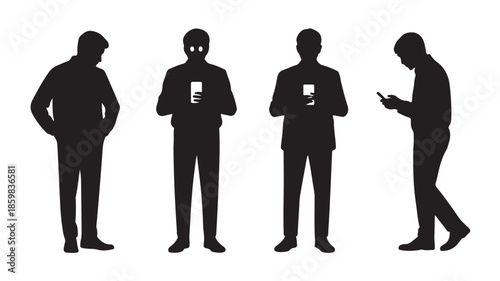 Male silhouettes using smartphones in a modern, anonymous style with high contrast black and white graphic illustration for technology and communication concepts.