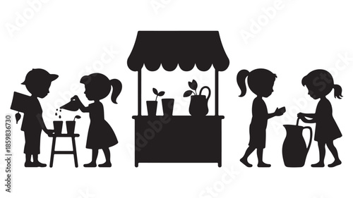 Childrens Lemonade Stand Playful Silhouette Graphic in Black and White for Childhood Entrepreneurship Education.