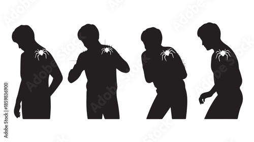 Man Silhouettes Frightened by Spider on Shoulder in Stark Black and White Graphic for Arachnophobia Awareness.