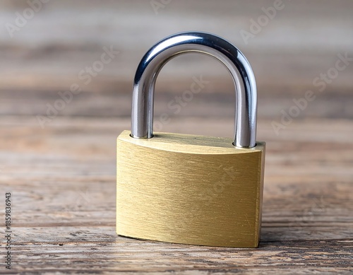 Close-up view of a new, unkeyed lock resting on a rustic wooden surface. The lock has a gold-colored body and a silver metal shackle
