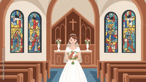 Bride standing in a chapel holding a bouquet with stained glass background  