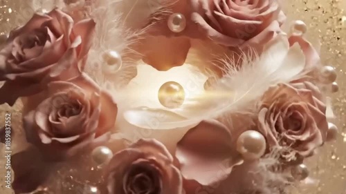 Luxurious Floral Wreath of Roses, Pearls and Feathers in Golden Light