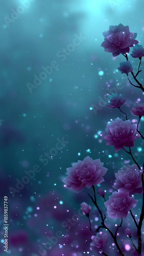 Dreamy pale pink flowers on blue background