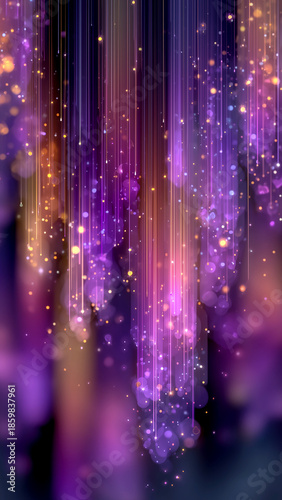 Purple digital rain over city silhouette