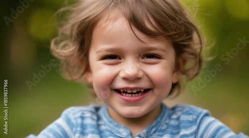 Smiling young boy with curly hair in sunny outdoor setting  