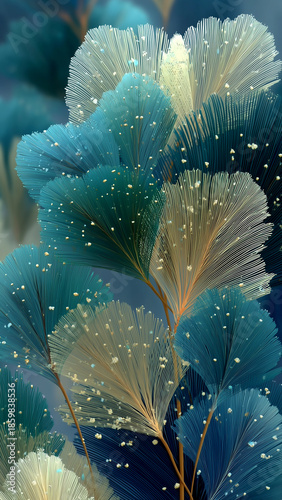 Botanical art of blue green leaves with golden tint