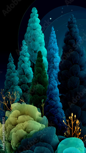 Fantasy plants or mushrooms in mysterious blue green forest