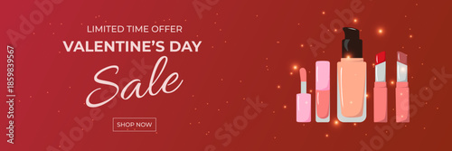 valentine's day sale banner with cosmetics and lipstick