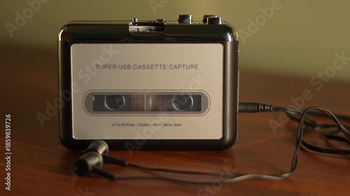  Small black and white cassette player and small headphone