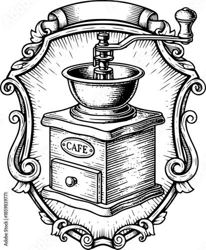 Engraved illustration of vintage coffee grinder with shield frame 