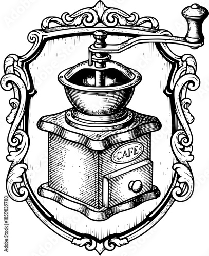 Engraved illustration of vintage coffee grinder with shield frame 