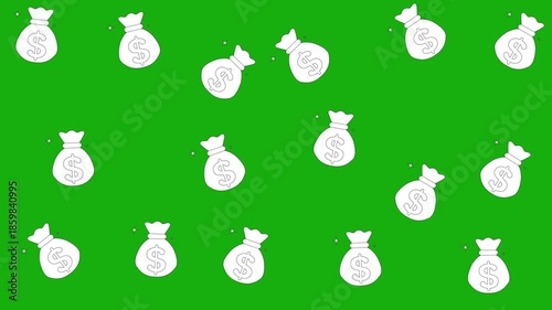 Seamless pattern of money bags or sacks with dollar sign on bright green background. Great for wealth, finance, investment, and business concepts.