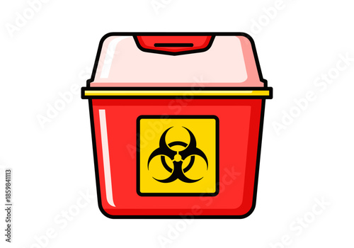 Red biohazard sharps container for medical waste disposal  