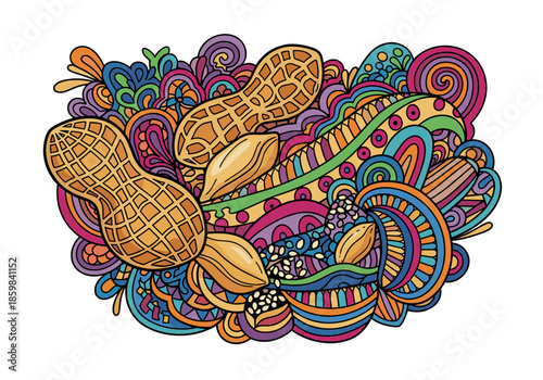 Colorful abstract illustration of peanuts and sesame seeds for educational activity worksheet  
