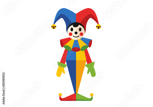 Colorful jester figure with bells in playful design for kids' learning  