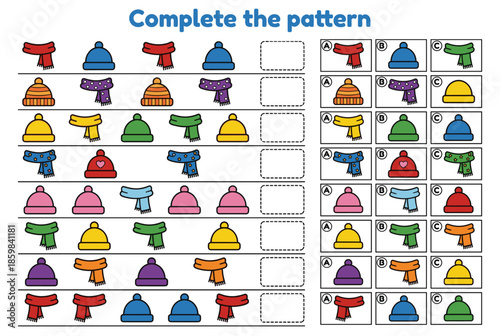 Educational activity worksheet for kids with hats and scarves patterns  