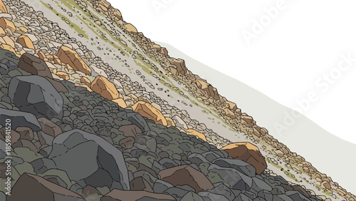 An illustration showcasing a rugged mountain scree slope with countless scattered rocks and boulders under varying light conditions, depicting a