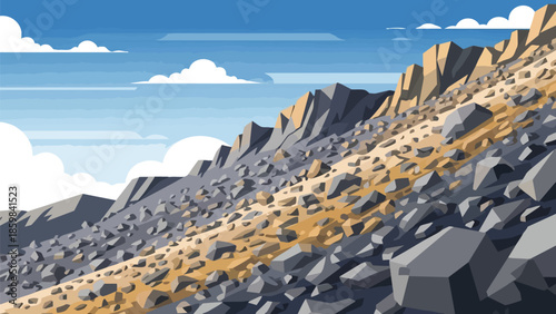 Vector art of a steep rocky mountain slope with countless angular boulders under a clear blue sky with fluffy clouds. This scene depicts rugged