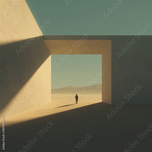 A desert where shadows are more real than objects, reversed lighting physics, philosophical surrealism, minimal color palette