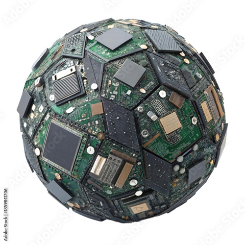 A compact ball of e-waste chips and fragments representing electronic waste and recycling concepts