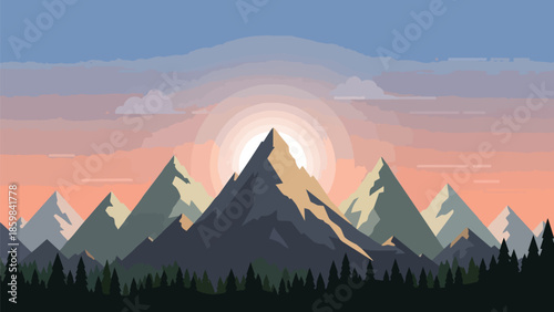 Serene mountain landscape illustration showcasing majestic peaks under a radiant, stylized sun, casting an ethereal glow over a dense evergreen