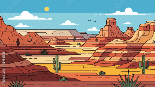 Vibrant cartoon desert landscape showcasing towering rugged mesas and unique saguaro cacti under a bright sunny sky with fluffy clouds and flying