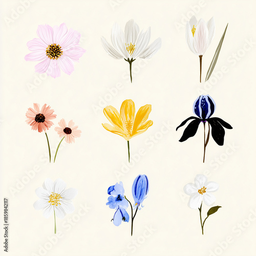 Botanical flower illustration set with hand painted individual blossoms in soft pastel colors, minimal floral elements isolated on light background for design, decoration and creative projects
