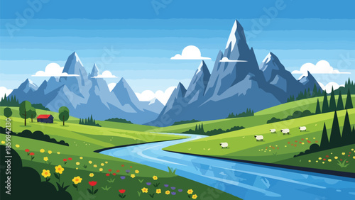 A beautiful mountain landscape illustration with winding river verdant green fields colorful flowers grazing sheep a small cabin and majestic snow