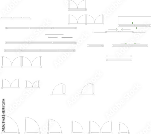 Vector set of sliding and hinged door plan symbols with opening directions, shown in thin line CAD style for architectural floor plans.