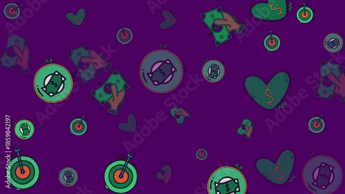 Playful hand-drawn doodle style finance pattern background featuring money, hands holding cash, hearts, and targets on a purple background. Ideal for various creative projects, social media, or presen