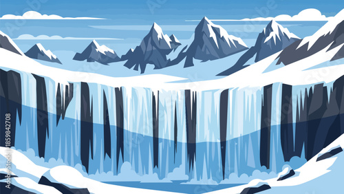 Winter wonderland with majestic snow-capped peaks and a dramatic icy cascade flowing into a pristine frozen lake