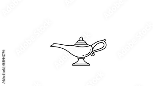 Line animation of a genie lamp icon with shaking motion and vapor rising from the spout. Simple outline illustration displayed as an isolated element on a white background. HD video with alpha channel