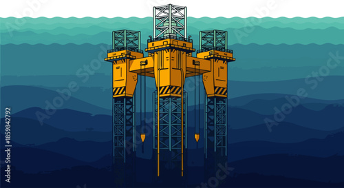 An offshore oil rig platform stands tall in the deep blue ocean, a symbol of industrial extraction and energy production.