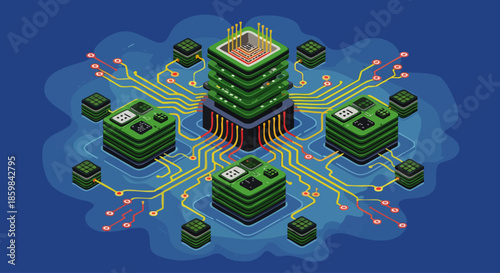 Abstract digital network of interconnected servers and circuits representing data flow and information technology systems.