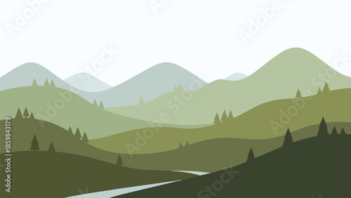 Layered minimalist green mountain landscape illustration with winding river and scattered coniferous trees under a clear sky