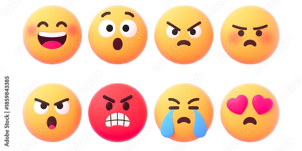 Fototapeta premium A vibrant collection of six distinct yellow emoticons displaying various emotions on transparent background high quality