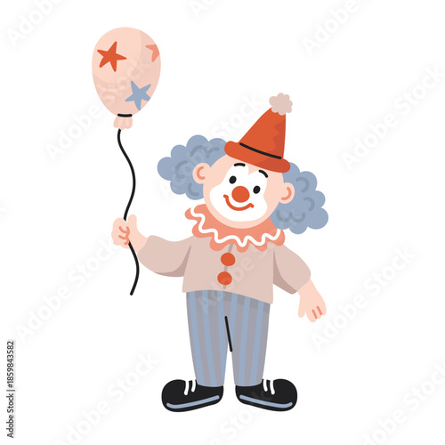A cute cartoon circus clown with a balloon. A festive character for a children's event or birthday celebration. Flat style.