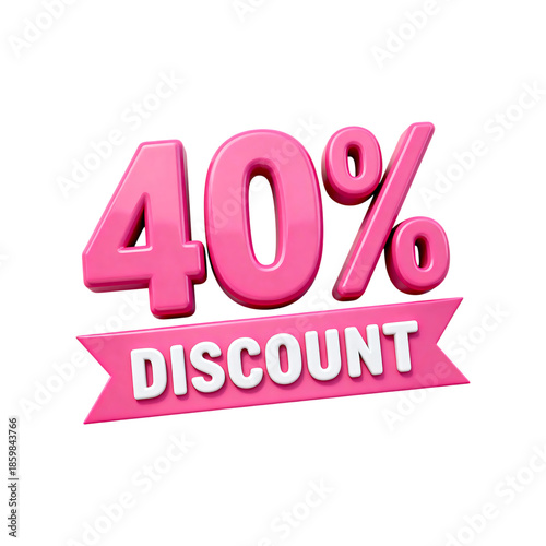 A vibrant pink 40 percent discount badge with a ribbon banner ideal for promotions on transparent background